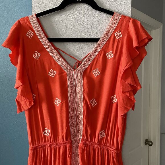 Moon River Anthropologie Orange Embroidered Boho Midi Dress size Medium - Picture 15 of 16